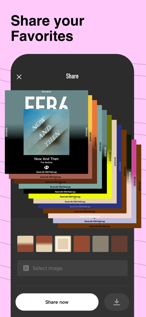 A mobile app screen titled Share your Favorites displaying a colorful stack of aesthetic song cards and customization options for social sharing.