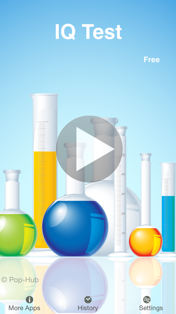 IQ Test Classic - Tela inicial do aplicativo Teste de QI Clássico com gráficos de material de laboratório e um botão de reprodução central