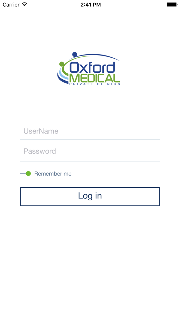 Oxford Medical - Oxford Medical app login screen featuring fields for username and password with a remember me option