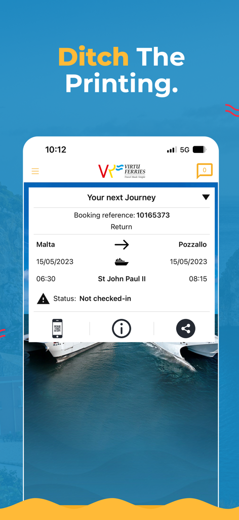 App mobile Virtu Ferries che visualizza una carta d'imbarco digitale e un itinerario di viaggio per un tragitto da Malta a Sicilia.