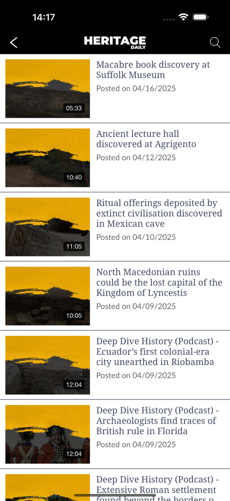 HeritageDaily Magazine - A list of archaeology news articles and history podcasts within the HeritageDaily Magazine app interface