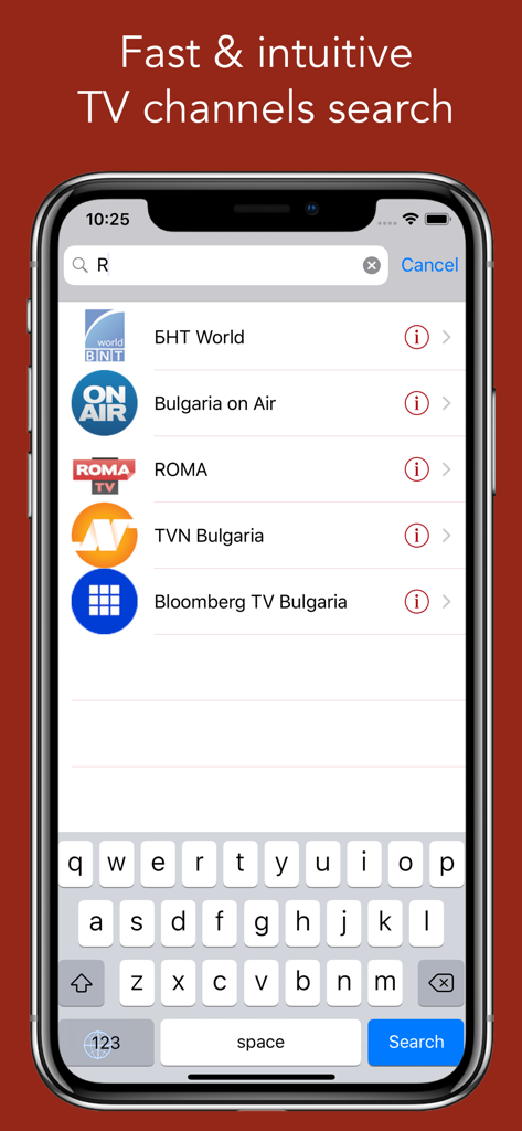 Pantalla de iPhone que muestra la interfaz de búsqueda rápida e intuitiva de canales de televisión búlgaros, incluidos BNT World y Bulgaria on Air