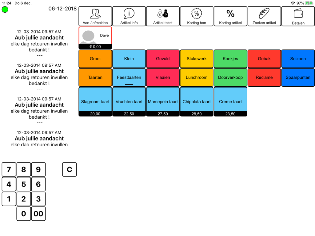 Interface do sistema de PDV para padaria Cash-it em um iPad mostrando categorias de produtos como bolos e tortas