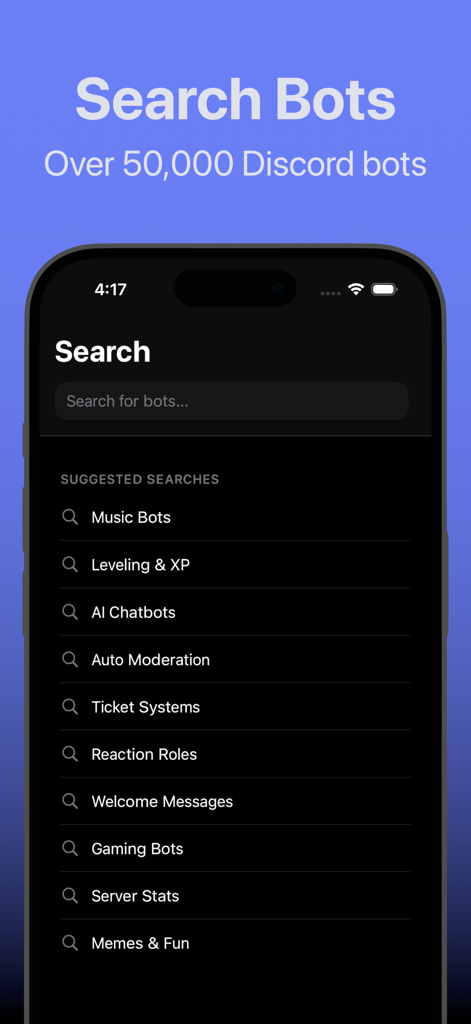 Écran de recherche de l'application Bots for Discord avec des catégories suggérées comme Bots de Musique et Chatbots IA