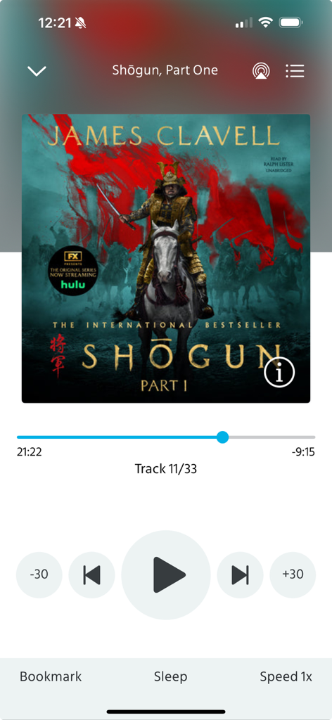 Blackstone Unlimited - Interface of the Blackstone Unlimited audiobook player showing the book Shogun by James Clavell.