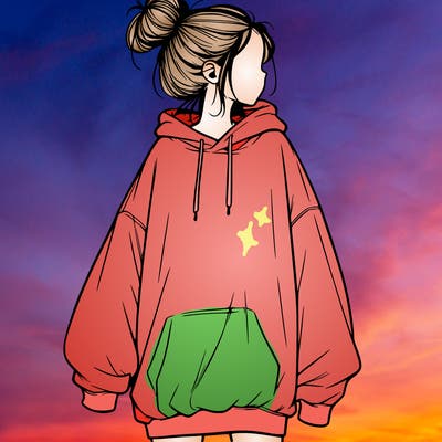 realistic girl with a oversized sweatshirt on and a bun