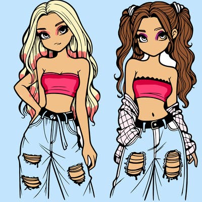 2 girls in crop tops and baggy jeans ripped