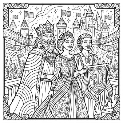 Step into a world where medieval royalty celebrates diversity and love with this enchanting coloring page. Join a king, queen, and their court as they joyfully participate in a vibrant Pride celebration.