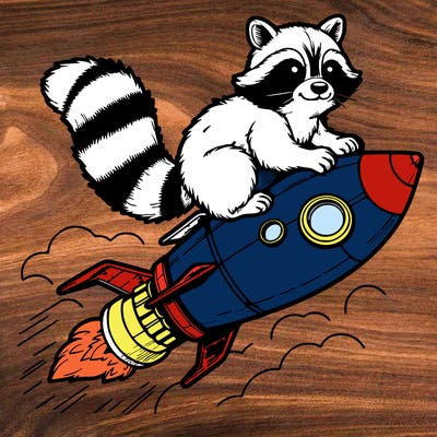 realistic raccoon flying on top rocket ship