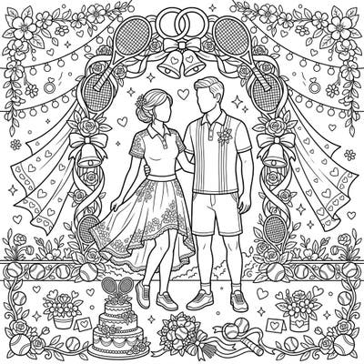Celebrate a unique union of love and sport with this delightful coloring page featuring a couple in stylish tennis activewear on their wedding day. This intricate design blends romantic wedding elements with playful tennis motifs for a truly special coloring experience.