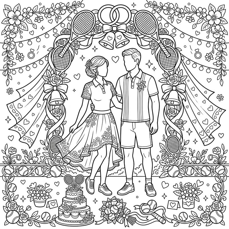 Celebrate a unique union of love and sport with this delightful coloring page featuring a couple in stylish tennis activewear on their wedding day. This intricate design blends romantic wedding elements with playful tennis motifs for a truly special coloring experience.