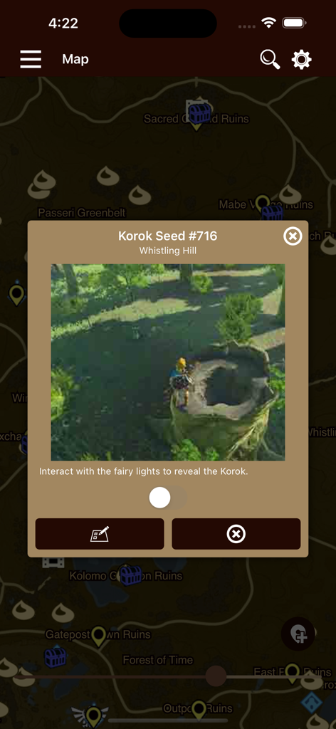 Breath Companion app screenshot showing a detailed Korok Seed location guide and interactive map for Zelda Breath of the Wild