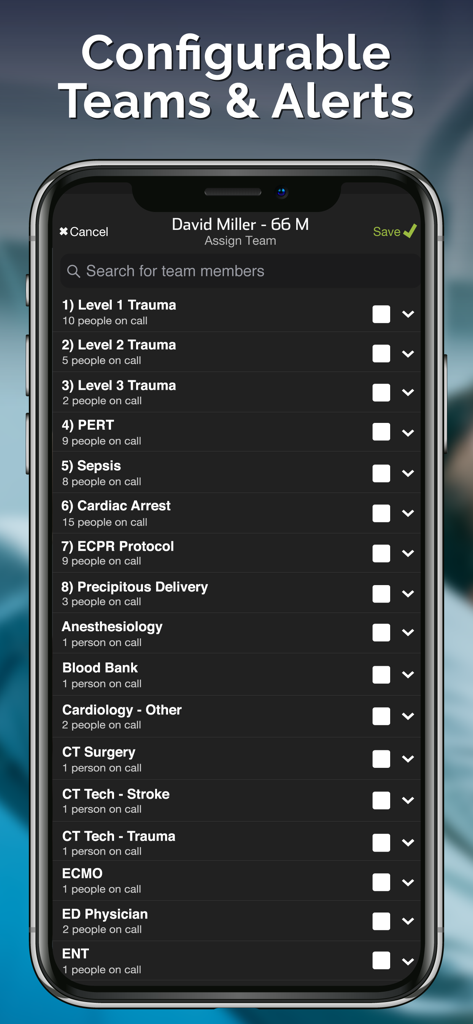 Pulsara: Medical Communication - A smartphone screen displaying the Pulsara app interface for assigning configurable medical teams and alerts to a patient case