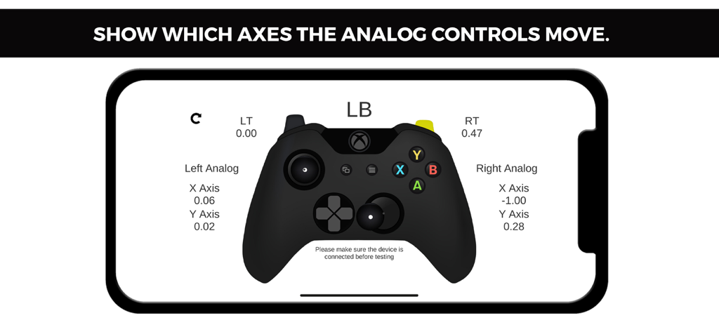 X Gamepad Testerアプリインターフェース。ゲームコントローラーのリアルタイムアナログスティック軸とトリガー圧力データを表示。
