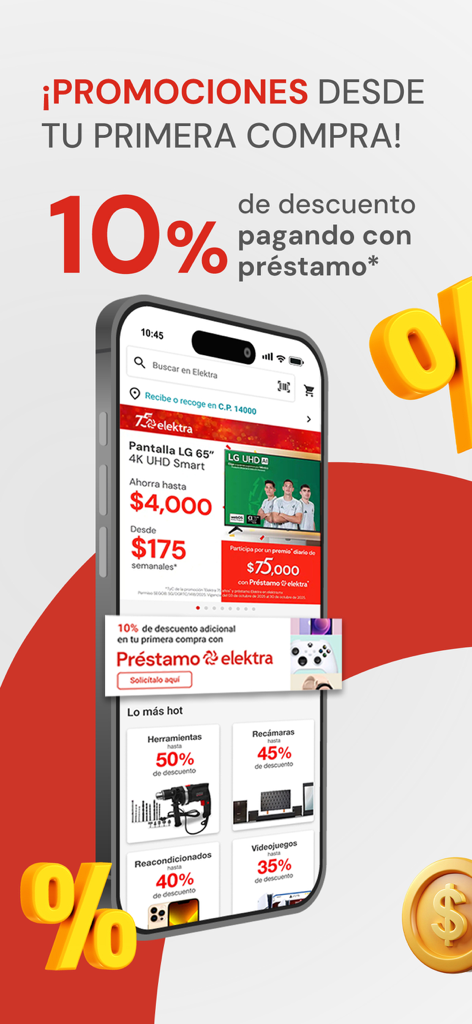 Smartphone screen showing the Elektra app with a ten percent discount offer on the first purchase using a loan.