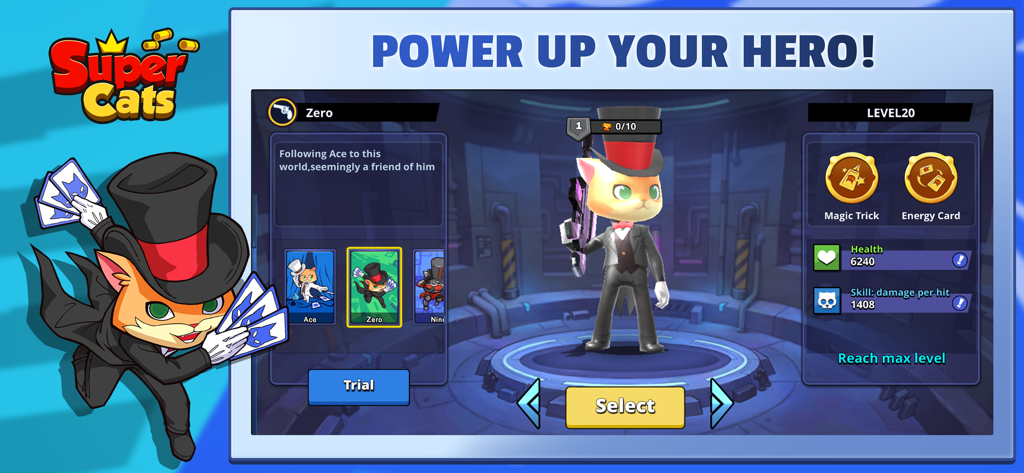 Character Zero selection and upgrade menu in the Supercats mobile game