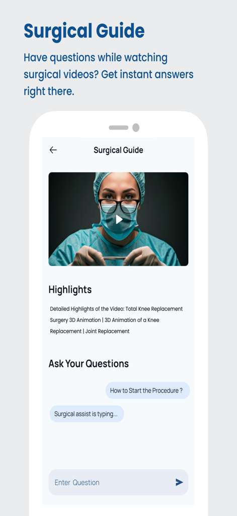 VKonnect Health app interface showing a surgical guide feature with a medical video and an AI chat assistant for procedure questions.