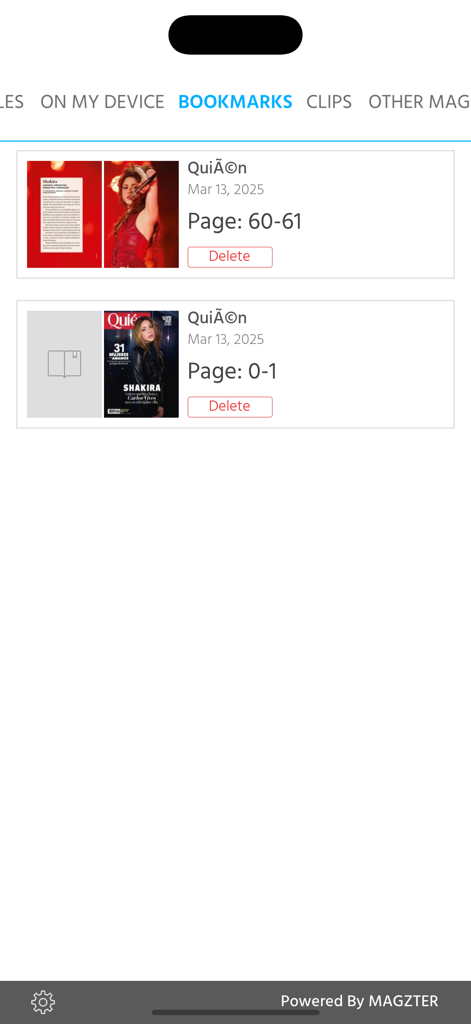 Quién - Bookmarks section of the Quien app displaying saved magazine pages featuring Shakira