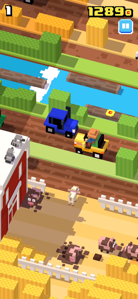 Juego de Crossy Road con temática de granja con animales y coches estilo vóxel