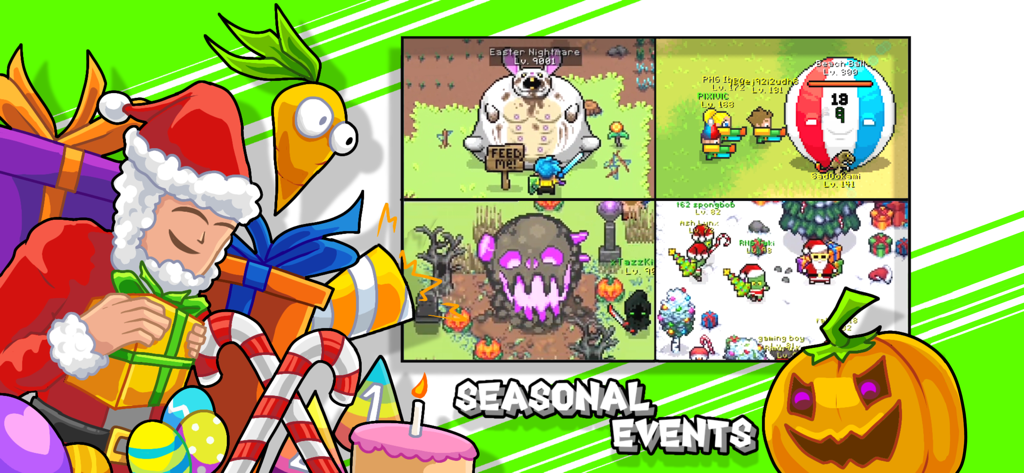 Curse of Aros - Un collage de eventos de temporada en el MMORPG de arte de píxeles Curse of Aros con temas navideños, de Pascua y de Halloween