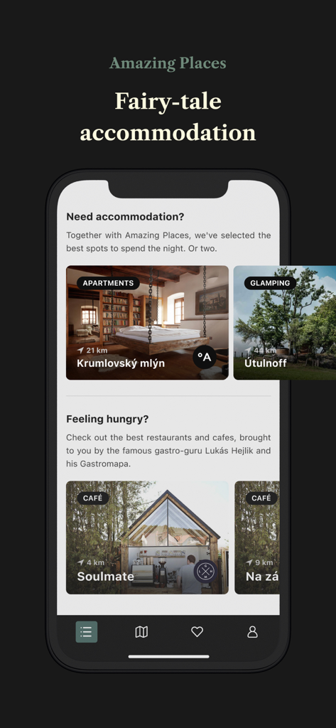 Placehunter: Top places to see - Placehunter app interface showing curated boutique accommodations and local cafes