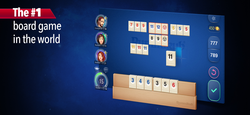 A digital Rummikub match with tiles arranged in sets and runs on a blue board