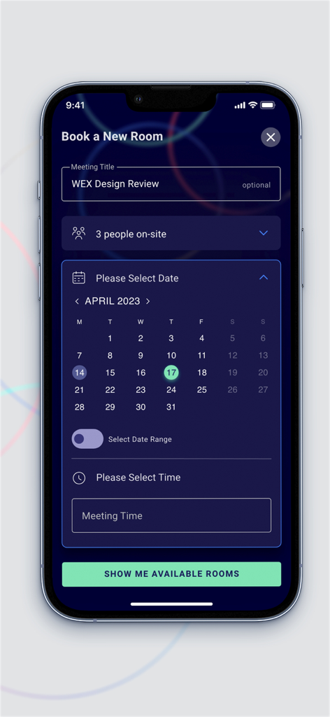 Convenie by ISS app interface for booking a meeting room showing a calendar and date picker