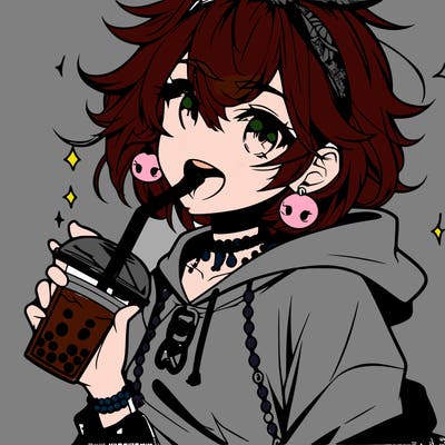 hot baddie anime girl drinking boba and biting the straw