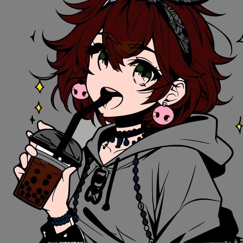 hot baddie anime girl drinking boba and biting the straw
