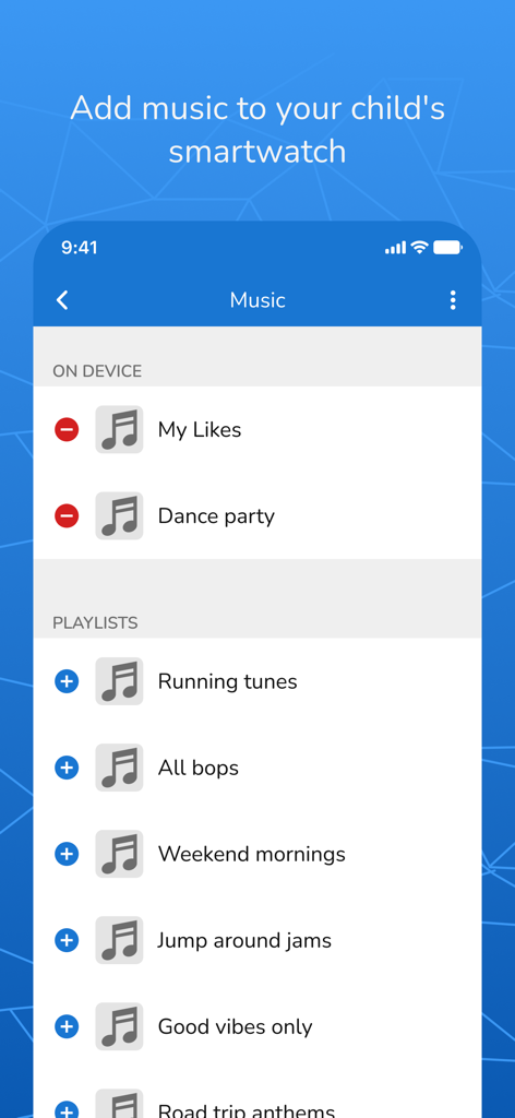 Interface of the Garmin Jr app showing music playlists that can be added to a child smartwatch