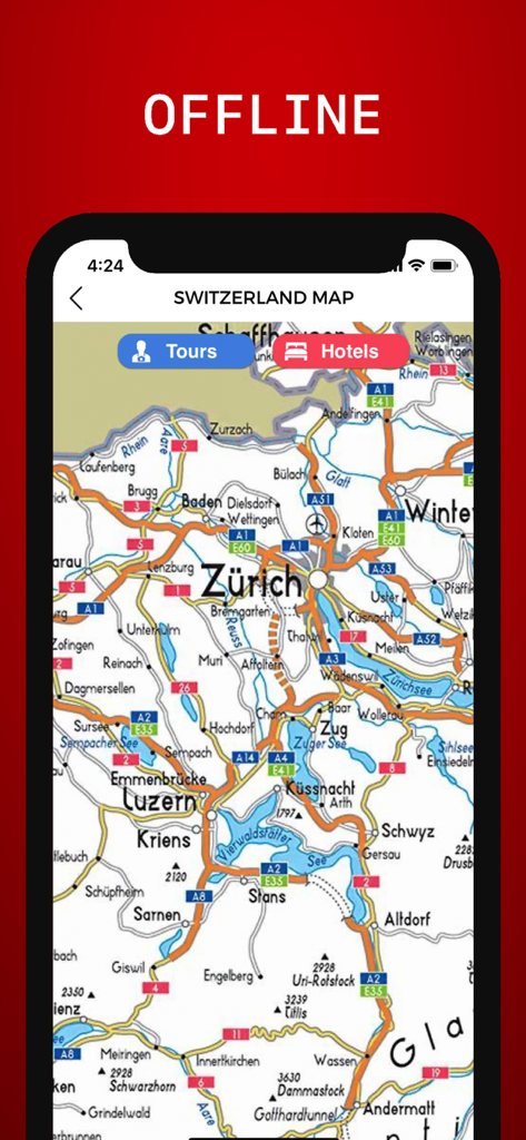 Offline map screen of the Switzerland Travel Guide app showing major cities and route markers.