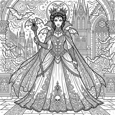 Step into a realm of dark elegance with this stunning vampire queen coloring page, featuring intricate details from her majestic gown to the towering gothic castle. Perfect for those who love fantasy and crave a captivating coloring experience.