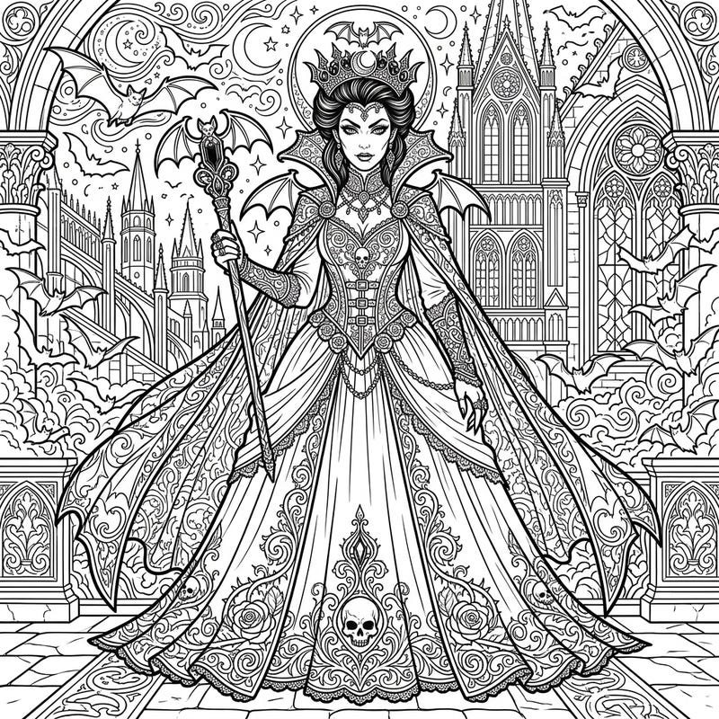 Step into a realm of dark elegance with this stunning vampire queen coloring page, featuring intricate details from her majestic gown to the towering gothic castle. Perfect for those who love fantasy and crave a captivating coloring experience.