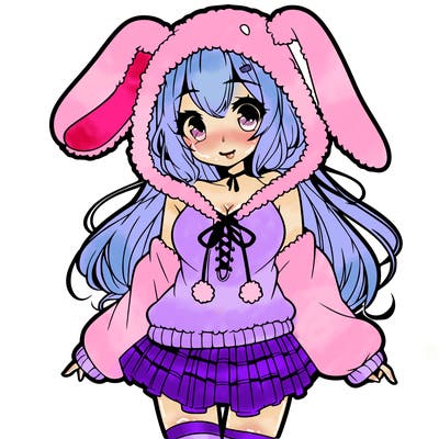 pretty anime girl wearing a fluffy hoodie with bunny ears on the hood and a skirt