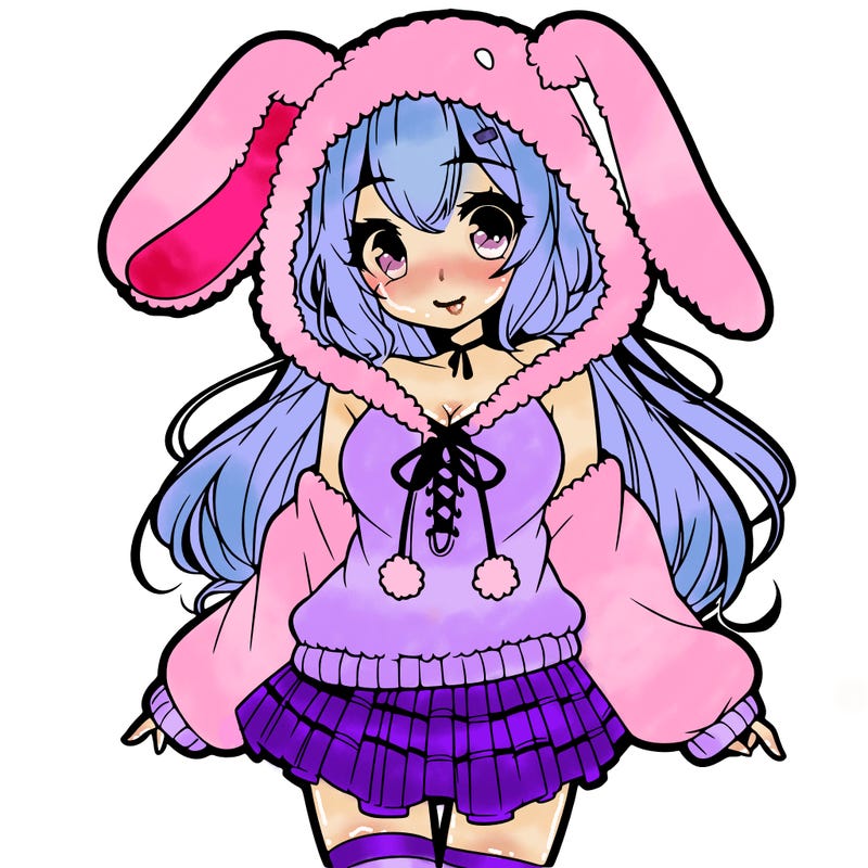 pretty anime girl wearing a fluffy hoodie with bunny ears on the hood and a skirt