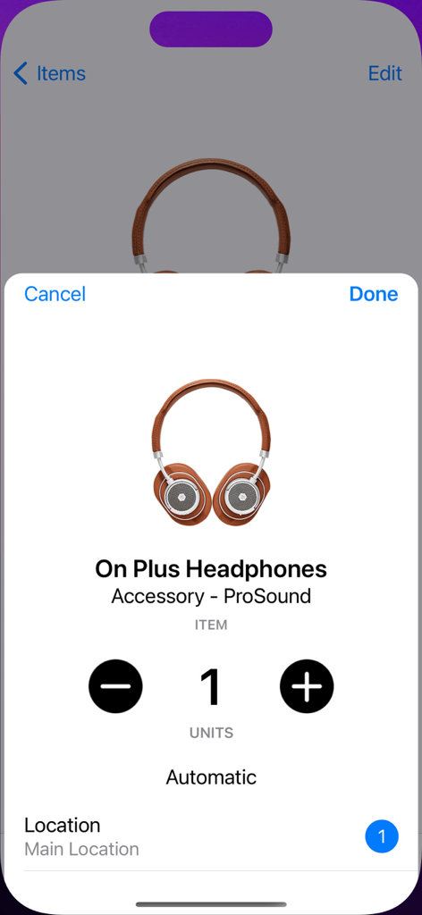 Mobile application screen for managing and updating product stock levels