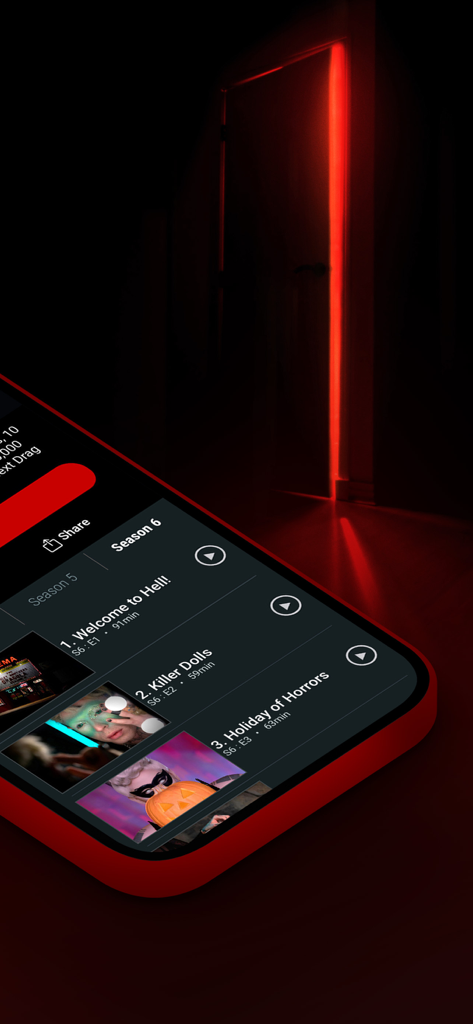 Shudder: Horror & Thrillers - Shudder app interface on a smartphone screen showing an episode list with a spooky red light in the background