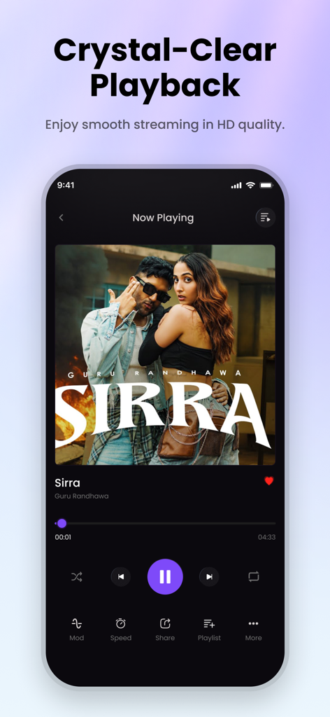 Video Player All Format HD - Captura de pantalla de la aplicación Reproductor de Video Todos los Formatos HD que muestra la pantalla de reproducción nítida con video musical y controles multimedia en iPhone.