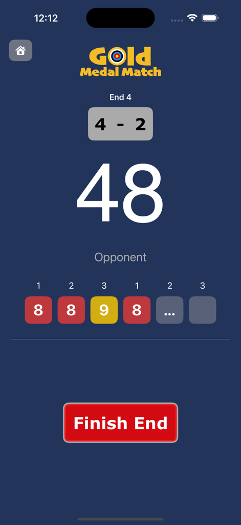 Gold Medal Match - Pantalla de simulación de torneo de tiro con arco que muestra una puntuación de partido de 4 a 2 con un temporizador de cuenta regresiva y el historial de tiros del oponente