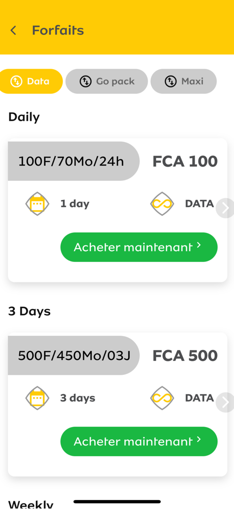 MyMTN BN - Interfaz de la aplicación MyMTN BN que muestra diferentes opciones de paquetes de datos de un día y tres días con botones de compra.