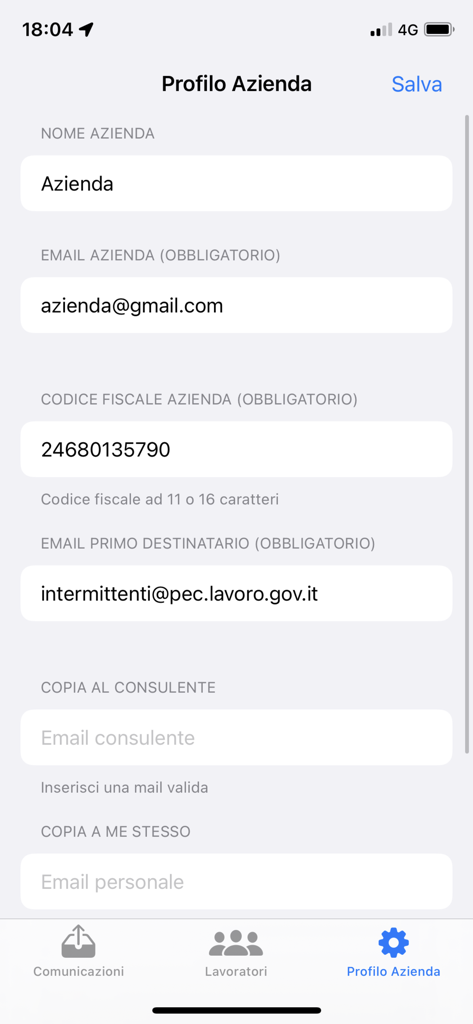 Company profile settings in the Lavoro Intermittente app for entering business information and tax codes