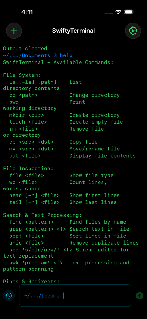 Terminal interface displaying available commands for file system management and text processing in SwiftyTerminal.
