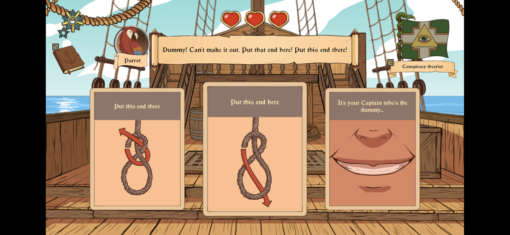 Choice of Life Wild Islands - Una pantalla de novela visual de Choice of Life Wild Islands que muestra tres cartas con opciones para atar un nudo o responder a un personaje