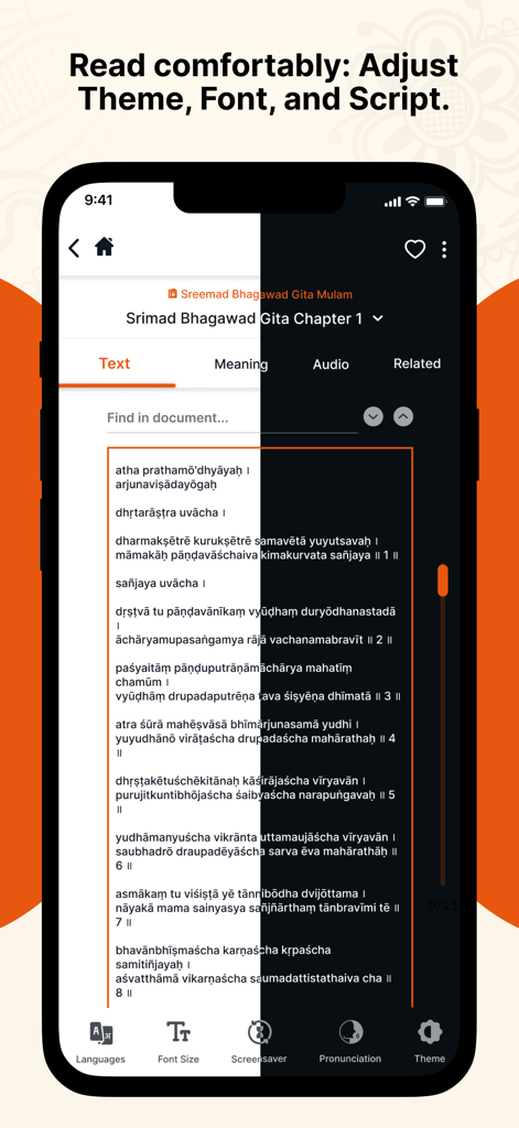 Vignanam - Screenshot of Vignanam app interface showing light and dark theme options for reading texts like Srimad Bhagavad Gita