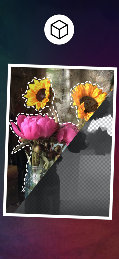 Distressed FX : Plus - Flower still life being edited with a cutout and masking tool in the Distressed FX Plus app.