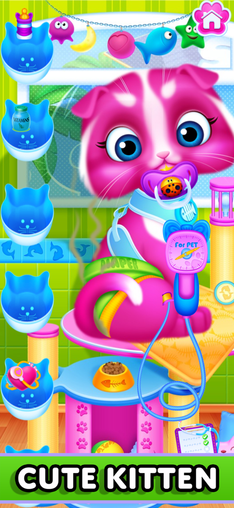 Baby Pet Puppy: Vet Makeover - A cute pink kitten wearing a diaper and pacifier being examined with vet tools