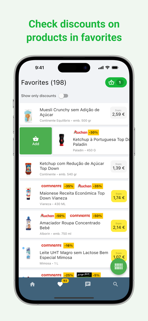 Preço Fresco: Compare prices - Ecrã de favoritos na aplicação Preco Fresco exibindo uma lista de produtos alimentares com comparações de preços em tempo real e descontos de supermercados portugueses.