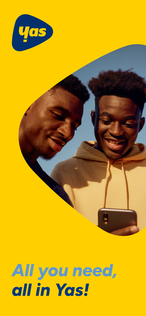 Yas App : Recharge & Internet - Two men looking at a smartphone on the Yas App yellow welcome screen