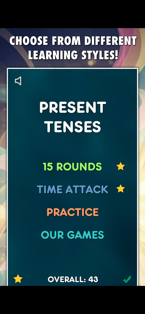 Main menu of Present Tenses Test PRO app showing different learning modes like Time Attack and Practice.