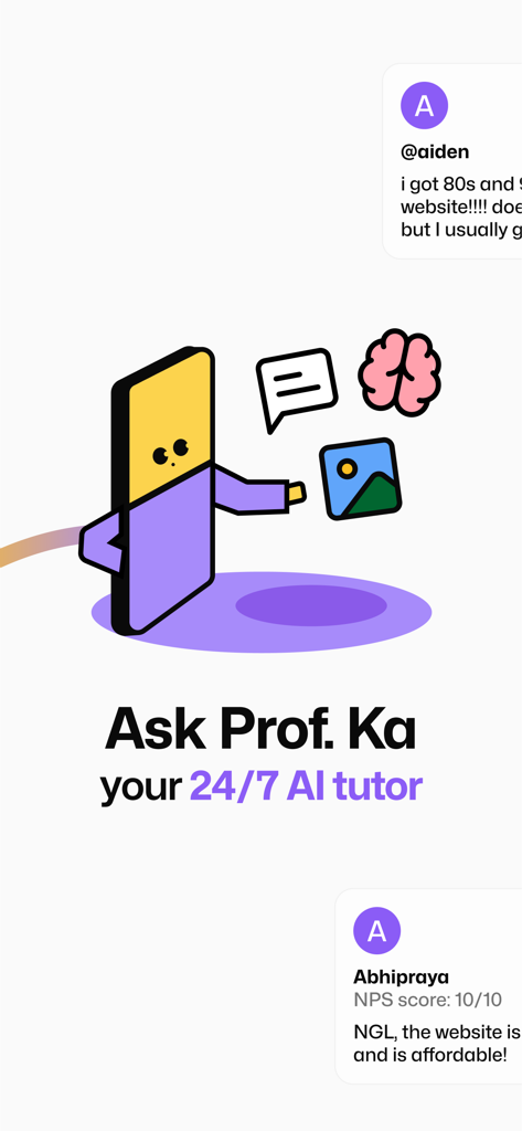 Flashka - AI Flashcards Maker - Una ilustración del Profesor Ka, la función de tutor de IA en la aplicación Flashka, junto con testimonios positivos de estudiantes.